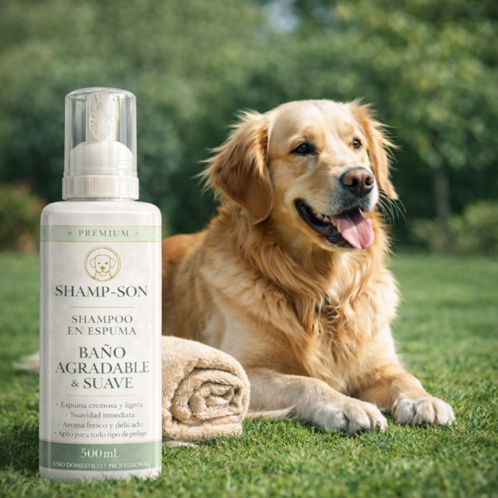 Golden Retriever con shampoo en espuma
