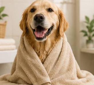 Perro limpio y feliz después del baño con Shamp-Son